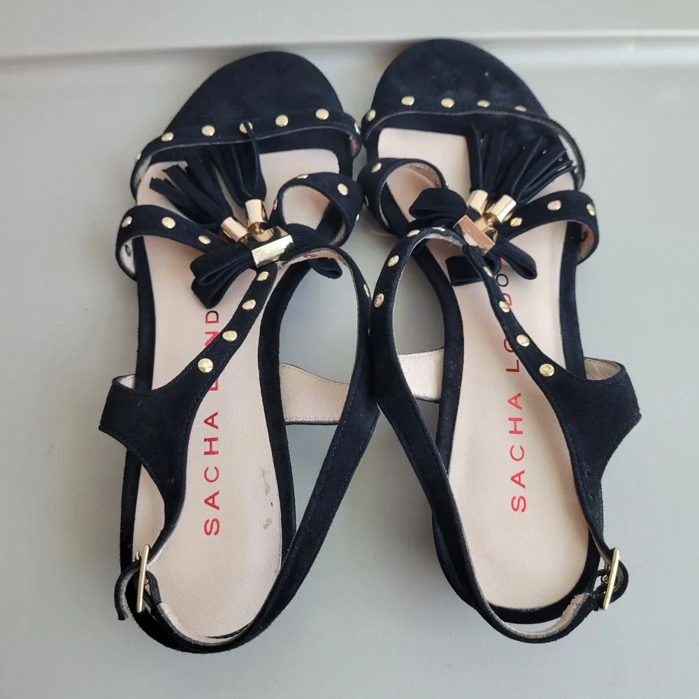 Sacha London Zoe Black Kid Suede Studded Tassel Wedge Sandals Womens 7 Hand Made